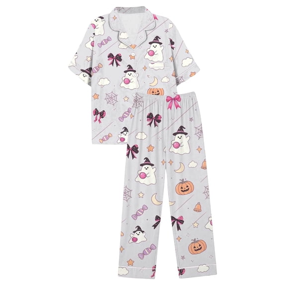 CQXIDFH Plus Size Pajamas for Women Set Plus Size Halloween Pumpkin Print Short Sleeve Top with Long Pants Set Fall Sleepwear Soft PJ Loungewear Sleepwear