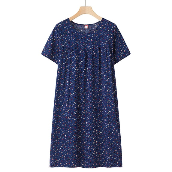 CQXIDFH Round Neck Short Sleeve Nightgowns for Women Loose Pleated Pocket Floral Print Loungewear Dress, One Size Oversized Soft Knit Casual Sleep Dress for All Figure Home Wear Navy