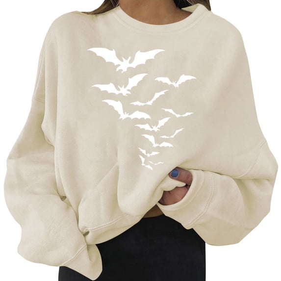 CQXIDFH Under $10 Women Bat Print Halloween Loose Sweater Long Sleeve Soft Pullover Casual Fashion Top for Spooky Style, XL Beige Sweatshirt