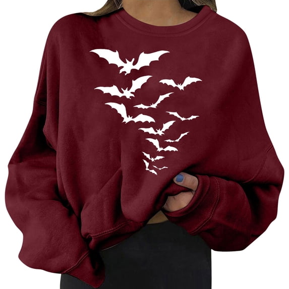 CQXIDFH Under $15 Women Bat Print Halloween Loose Sweater Long Sleeve Soft Pullover Casual Fashion Top for Spooky Style, 2XL Red Sweatshirts