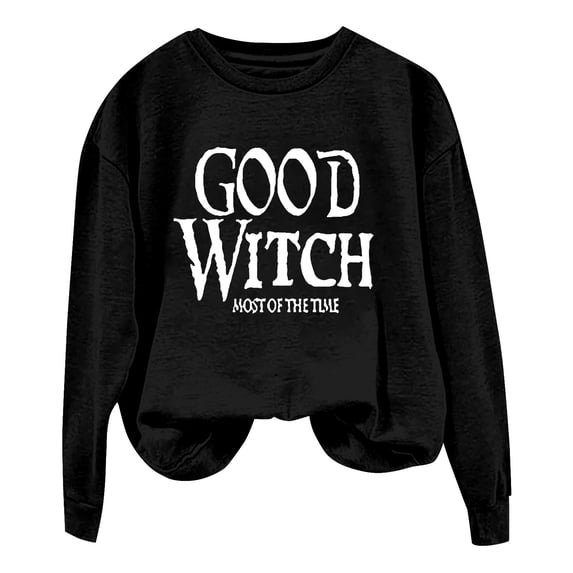 CQXIDFH Under $15 Women Good Witch Most of Time Letter Sweatshirt Round Neck Long Sleeve Soft Pullover Casual Witchy Top, 2XL Black Sweatshirt