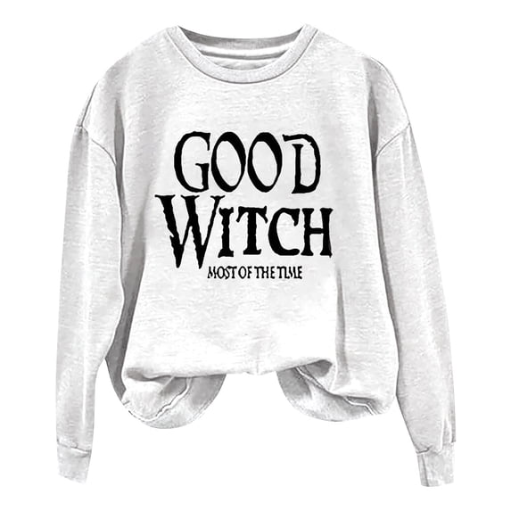 CQXIDFH Under $15 Women Good Witch Most of Time Letter Sweatshirt Round Neck Long Sleeve Soft Pullover Casual Witchy Top, M White Sweatshirt