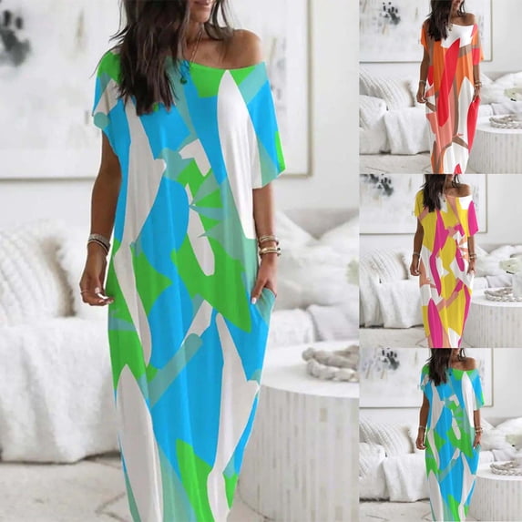 CQXIDFH Women Crew Neck Short Sleeve Midi Nightgown Print Loose Loungewear Dress, Oversized Side Pocket Casual Sleep Dress for Summer Home Resort Wear, Sizes S-2XL Blue