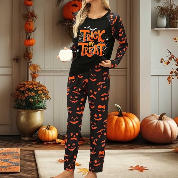 CQXIDFH Women Halloween Pumpkin Pajama Set Long Sleeve Crew Neck Top Elastic Rib Cuff Jogger Pants 2 Piece Loungewear Plus Size Soft Fall Winter Holiday Sleepwear Ladies PJ Sets, Hot Sleepwear, S-3XL