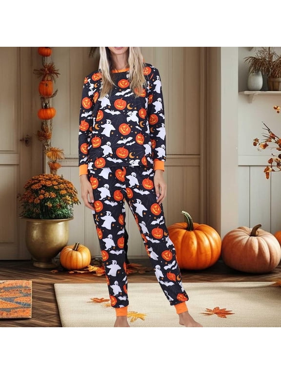 Women Halloween Pumpkin Pajama Set Long Sleeve Crew Neck Top Elastic Rib Cuff Jogger Pants 2 Piece Loungewear Plus Size Soft Fall Winter Holiday Sleepwear Ladies PJ Sets, Hot Sleepwear, M