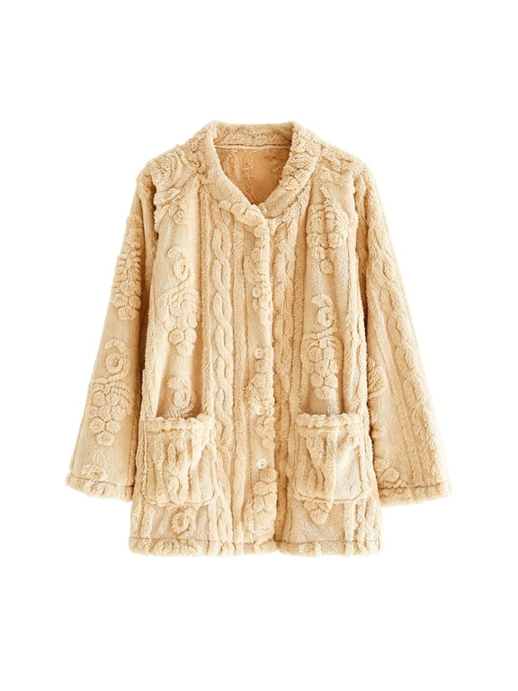 Women Pajama Top Fuzzy Fleece Button Up Bed Jacket Pajama Top Warm Winter Coat with Pockets for Cozy Lounging Comfortable Casual Sleepwear Loungewear & Nightwear