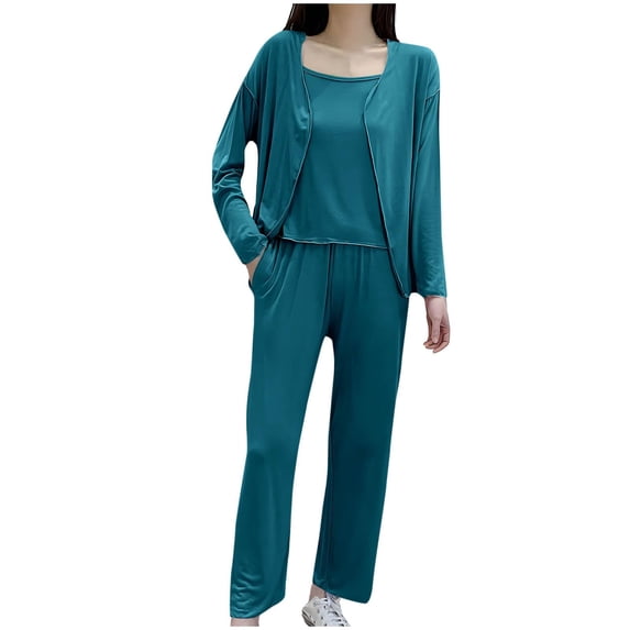 CQXIDFH Women Pajamas 3 Piece Pajama Set Long Sleeve Cardigan Sleeveless Top with Wide Leg Pants Loose Fit Matching Sets Women Clothing