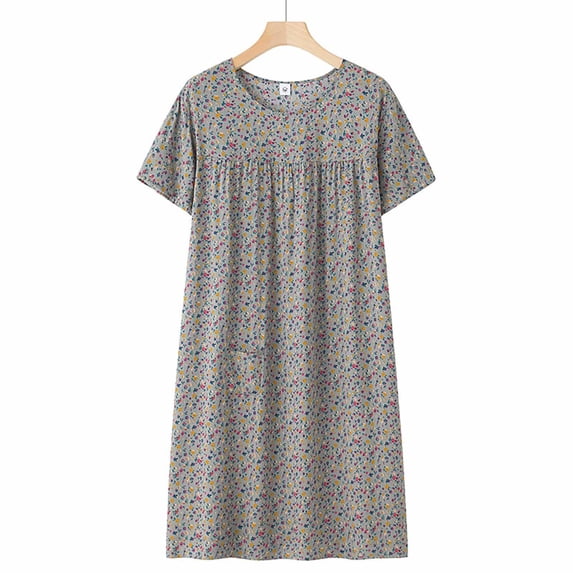 CQXIDFH Women Round Neck Short Sleeve Floral Midi Nightgown Loose Pleated Pocket Floral Print Loungewear Dress, One Size Oversized Soft Knit Casual Sleep Dress for All Figure Home Wear Grey