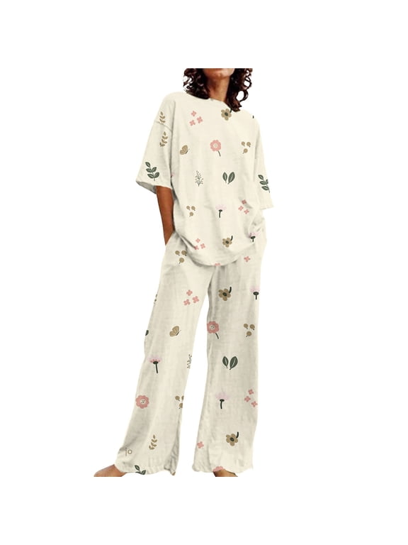 Women's 2 Piece Lounge Set Plus Size Floral Print O-Neck Short Sleeve Pajama Set Loose Summer Sleepwear Home Lounging Sleepwear