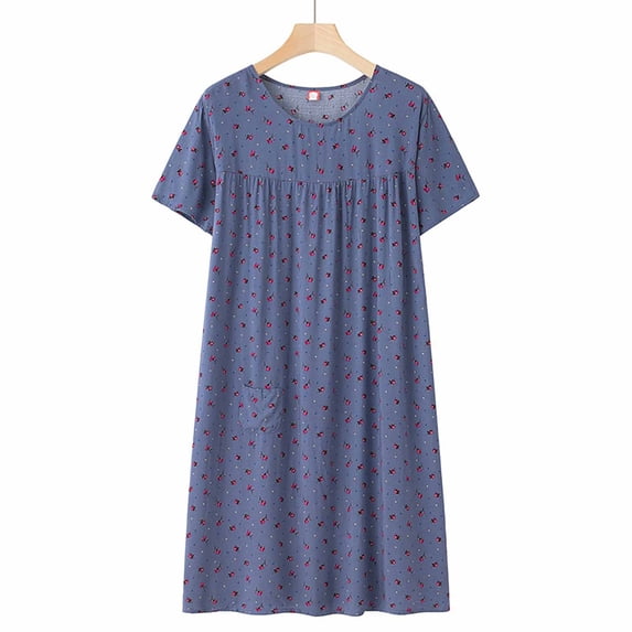 CQXIDFH Women's Cotton Nightgown Short Sleeves Sleepwear Loose Pleated Pocket Floral Print Loungewear Dress, One Size Oversized Soft Knit Casual Sleep Dress for All Figure Home Wear Dark Blue
