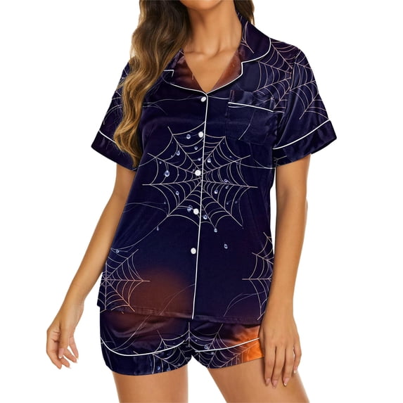 CQXIDFH Women's Halloween Pajamas Set with Spider Print, Cute 2-Piece Button-Down Sleepwear, Short Sleeve Lounge Set with Elastic Shorts, Spooky Holiday Nightwear