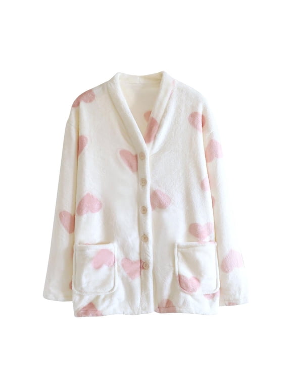 Women's Pajama Sleepwear V-Neck Flannel Bed Jacket Thickened Fleece Cardigan Button Down Warm Pajama Top for Winter Comfortable Casual Sleepwear Loungewear & Nightwear