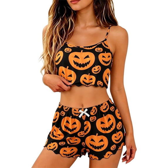 CQXIDFH Women's Pajamas Halloween Gothic Print Lettuce Trim Tank Top and Shorts Pajama Set Lounge Sets Sleepwear