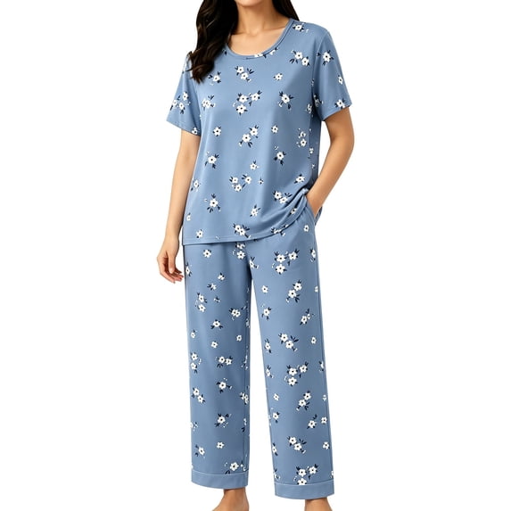 CQXIDFH Womens Pajama Sets Cotton Short Sleeve Pajama Set Top with Pants Summer Sleepwear for Comfort 2 Piece Lounge Set