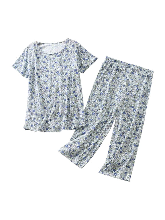 Womens Pajama Sets Cotton V-Neck Short Sleeve Pajama Set 2 Piece Cute Comfy Summer Sleepwear 2 Piece Lounge Set