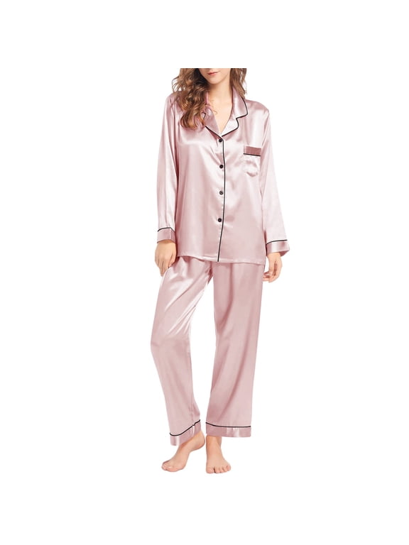Womens Pajama Sets Silk-Like Long Sleeve Pajama Set 2 Piece Nightwear Loungewear for Cool Weather 2 Piece Lounge Set