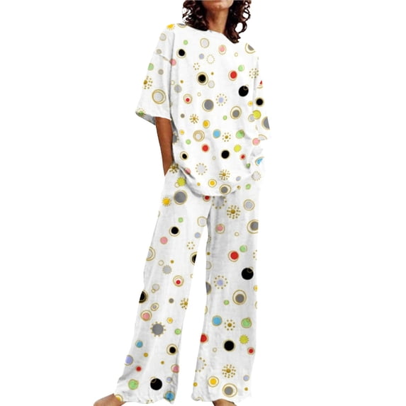 CQXIDFH Womens Pajamas Sets Plus Size Floral Print O-Neck Short Sleeve Pajama Set Loose Summer Sleepwear Comfy Soft Sleepwear