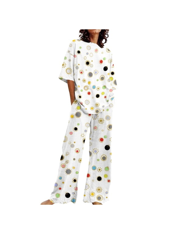 Womens Pajamas Sets Plus Size Floral Print O-Neck Short Sleeve Pajama Set Loose Summer Sleepwear Comfy Soft Sleepwear