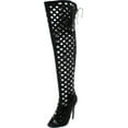 thumbnail image 1 of CR Elnora Gladiator Open Toe Lace Back Full Zipper Thigh High Stiletto Heel Boot Black, 1 of 2