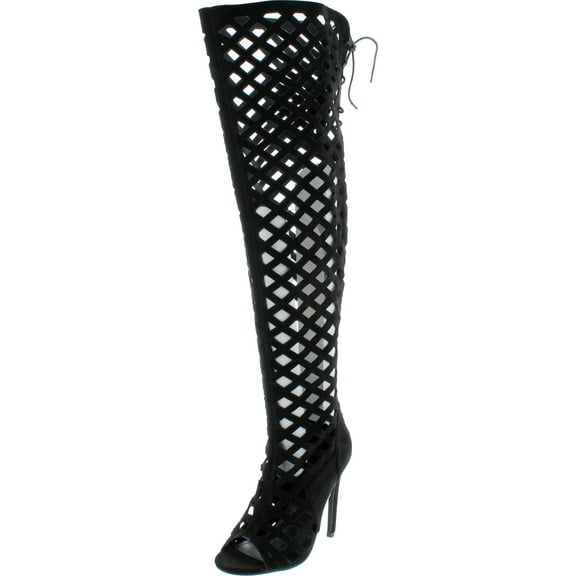 CR Elnora Gladiator Open Toe Lace Back Full Zipper Thigh High Stiletto Heel Boot Black
