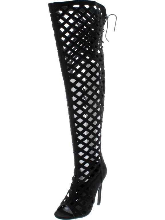 CR Elnora Gladiator Open Toe Lace Back Full Zipper Thigh High Stiletto Heel Boot Black