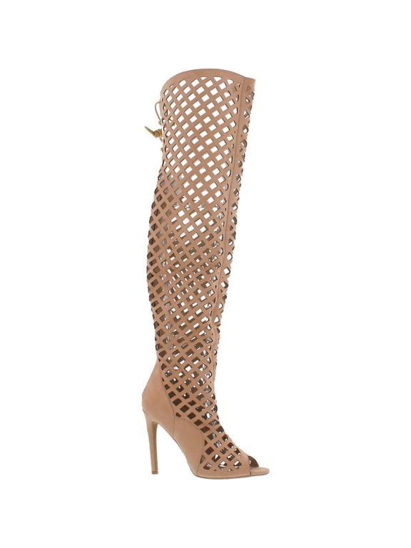 CR Elnora Gladiator Open Toe Lace Back Full Zipper Thigh High Stiletto Heel Boot Nude