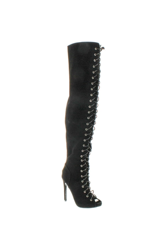 CR Olga Thigh High Open Toe Stiletto Heel Lace Up Full Zipper Boots Nubuck