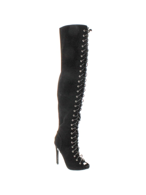 CR Olga Thigh High Open Toe Stiletto Heel Lace Up Full Zipper Boots Nubuck