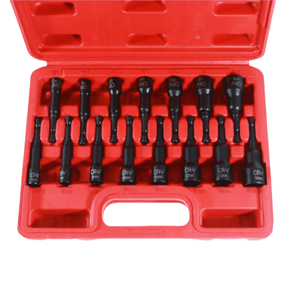 CR-V Magnetic Nut Driver Set, Impact Power Hexagonal Drill Bit, 15-Piece Metric and Imperial 6-14mm 1/4-9/16 Inch