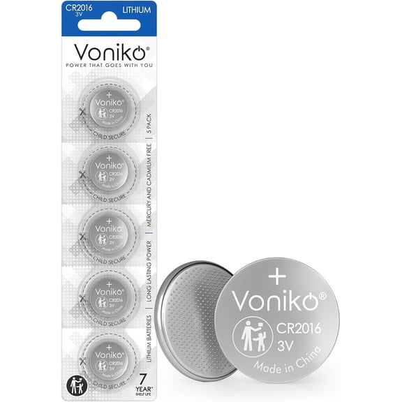 CR2016 3V Lithium Batteries 5 Pack for Child Safety, Compatible with Remotes, Key Fobs, Glucose Monitors - 7 Years Shelf Life