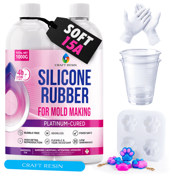 Craft Resin Silicone Mold Making Kit 34 Oz/2.2 lbs – Platinum Liquid Silicone Rubber for Resin Casting, 1:1 Mix Ratio, Shore 15A, Bubble-Free Silicone Kit for Molds, Soap & Candle Molding