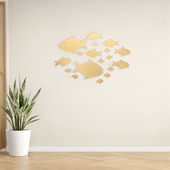 CRAFTHROU 2Sets Fish Acrylic Sticker with Mirror Effect Golden Decorative Frameless Nautical Wall Art for Home