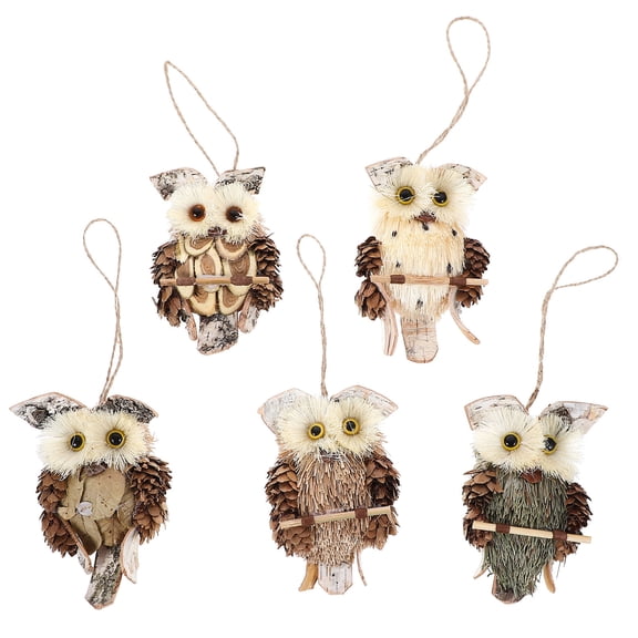 CRAFTHROU 5Pcs Owl Pendant Assorted Color Wall Hanging Decor Home Ornaments Bulrush Wood Handmade 11.8x3.9x4.3in