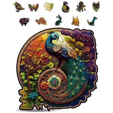 CRAFTHUB Peacock Wooden Jigsaw Puzzle - Colorful Puzzle for Adults, Ages 13+, Size: 10.6”x10.6”