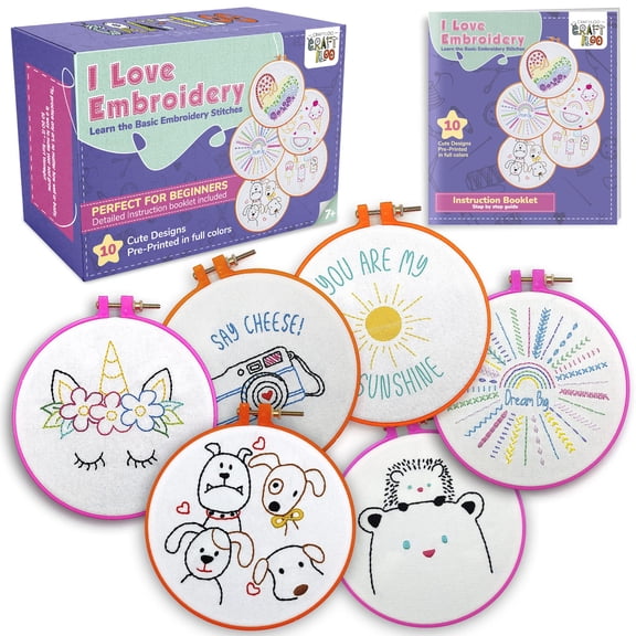 CRAFTILOO 10 Embroidery Patterns Kit for Kids — Beginner, Ages 7+