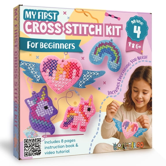 CRAFTILOO Felt Cross Stitch Kit for Kids 4 Keyrings, Ages 6-12