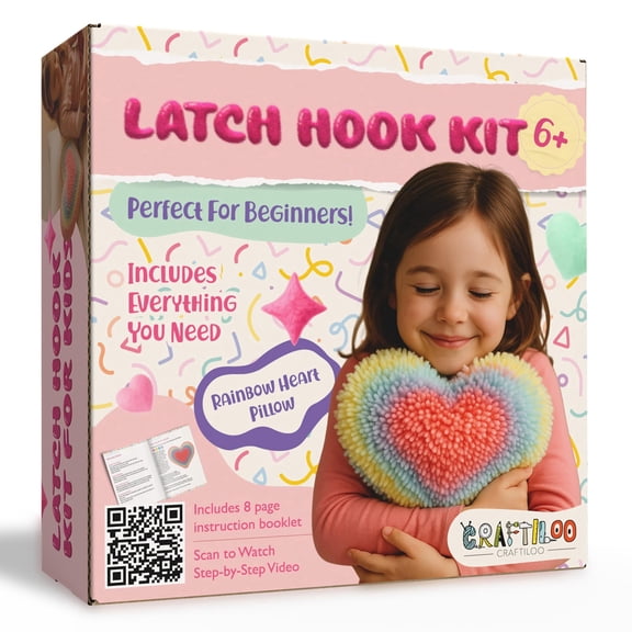 CRAFTILOO Latch Hook Kit for Kids — Rainbow Heart Pillow, Ages 6+