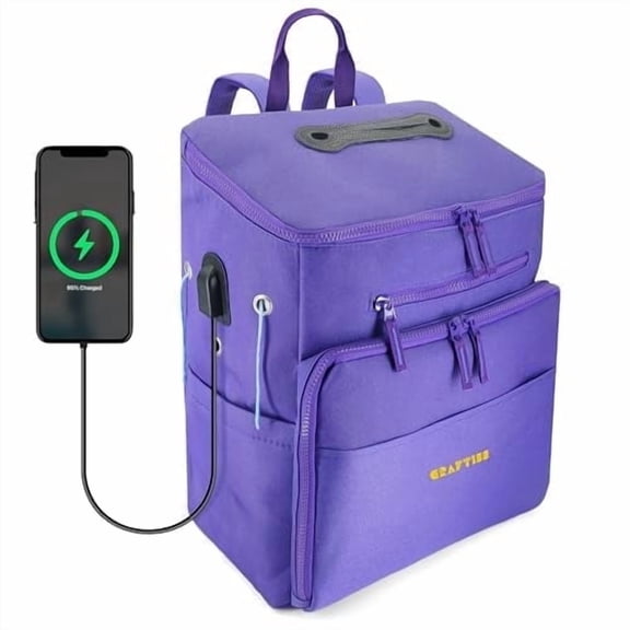 CRAFTISS Crochet Bag Yarn Storage - Perfect Gift - Durable Canvas Yarn Bag for Crochet Accessories – Backpack Organizer with Knitting Accessories Pockets and USB Cable