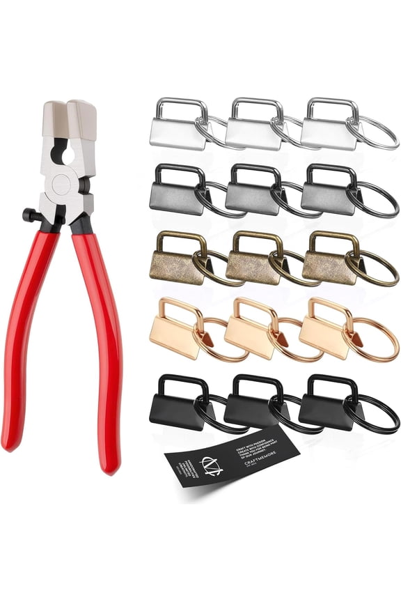 Key Fob Hardware Set with Running Pliers, 1 Inch, 40 Pieces in 5 Finishes for Keychain, Wristlet, Lanyard Making