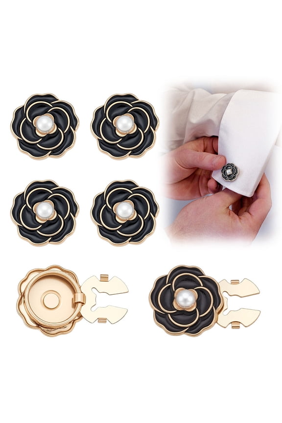 CRAFTMELODY 6Pcs Flower Cufflinks Alloy White Camellia Flower Cufflinks Flower Button Covers with Pearl Decorative Buttons Clips Golden Base