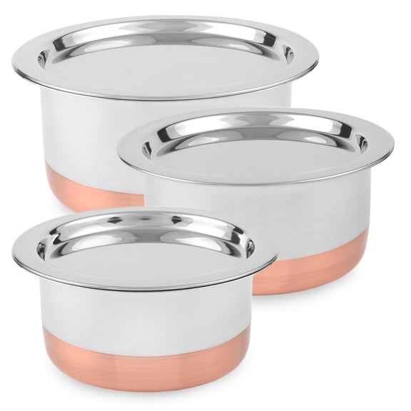 CRAFTONE Stainless Steel Copper bottom Tope Set with Lid, Cookware Set of 3 Pcs Gas Stove Friendly multi purpose Container Pot Set (60 Oz, 47 Oz and 33 Oz) Y101