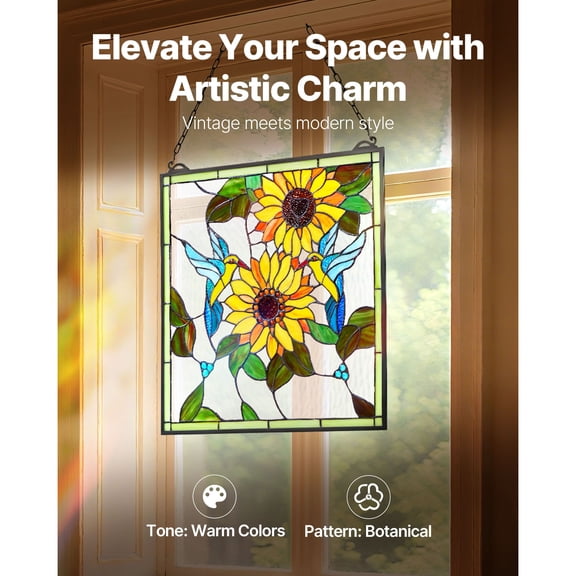 CRAFTOPIA 20 x 20 in Tiffany Style Stained Glass Window Panel, Hanging Transom Window Panel with Chain, Large Vertical Rectangle Vintage Handcraft Decor for Kitchen Home