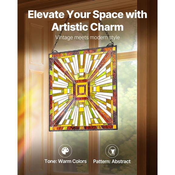 CRAFTOPIA 20 x 21 in Tiffany Style Stained Glass Window Panel, Hanging Transom Panel with Chain, Large Vertical Rectangle Vintage Handcraft Decor for Kitchen Home