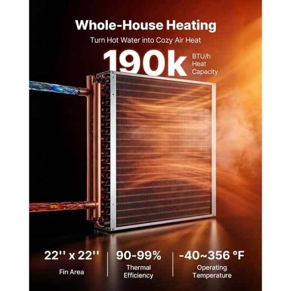 CRAFTOPIA 22"22" Water-to-Air HVAC Heat Exchanger Coil, Copper Tube Aluminum Fin, 190K BTU for Outdoor Wood Furnace & Hydronic Heating System