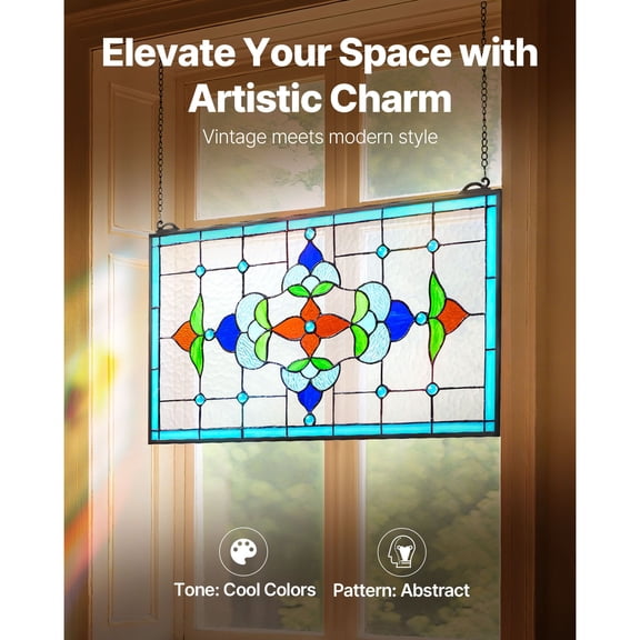 CRAFTOPIA 26 x 16 in Tiffany Style Stained Glass Window Panel, Hanging Transom Panel with Chain, Large Horizontal Rectangle Vintage Handcraft Decor for Kitchen Home