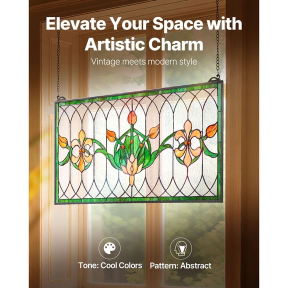 CRAFTOPIA 32 x 17 in Tiffany Style Stained Glass Window Panel, Hanging Transom Panel with Chain, Large Horizontal Rectangle Vintage Handcraft Decor for Kitchen Home