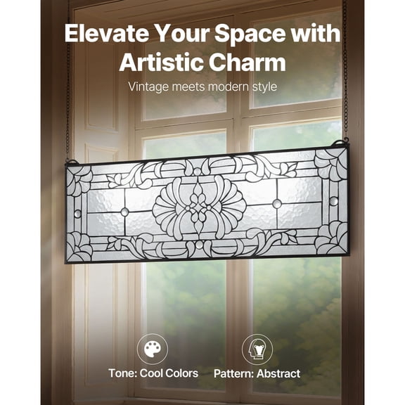 CRAFTOPIA 35.2" x 13" Tiffany Style Stained Glass Window Panel, Hanging Transom Panel with Chain, Large Horizontal Rectangle Vintage Handcraft Decor for Kitchen Home