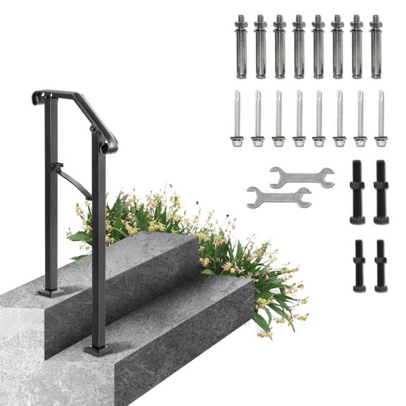 CRAFTOPIA Arch#1 Flexible Wrought Iron Outdoor Porch Handrail, Fits 12 Steps Transitional Stair Railing for Concrete & Wooden Stairs, Black