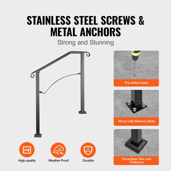CRAFTOPIA Arch#2 Flexible Wrought Iron Outdoor Porch Handrail, Fits 23 Steps Transitional Stair Railing for Concrete & Wooden Stairs, Black