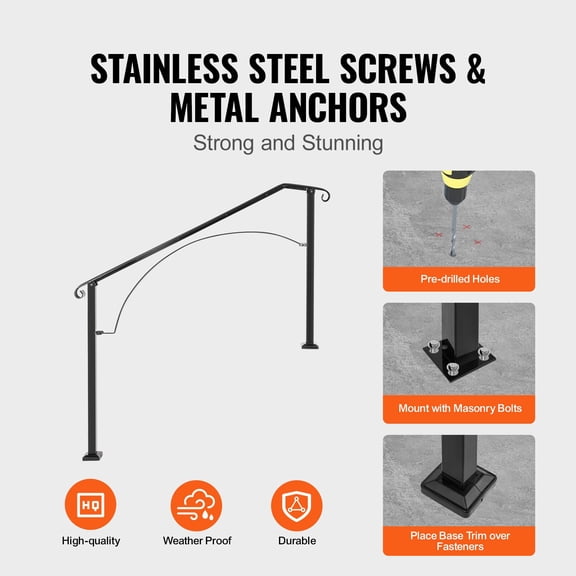 CRAFTOPIA Arch#3 Flexible Wrought Iron Outdoor Porch Handrail, Fits 34 Steps Transitional Stair Railing for Concrete & Wooden Stairs, Black